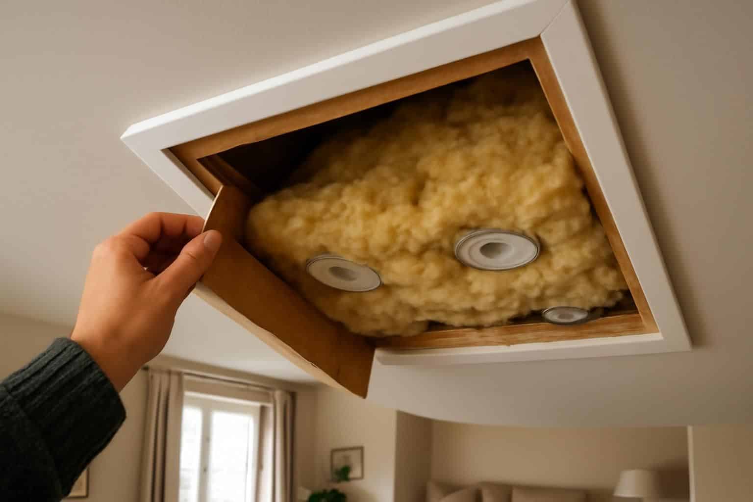 découvrez comment l'installation de 12 spots encastrés dans mon salon pour une ambiance « hôtel » a révélé une surprise inattendue en ouvrant la trappe des combles, avec des accumulations surprenantes autour de chaque spot.