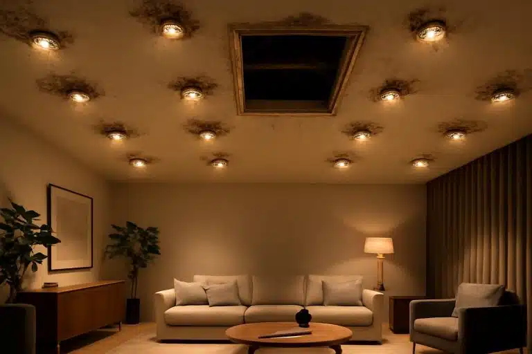 découvrez comment l'installation de 12 spots encastrés a transformé mon salon en ambiance « hôtel », et ce que j'ai découvert en ouvrant la trappe des combles autour de chacun d'eux.