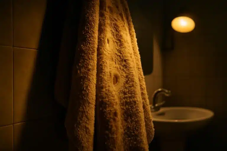 découvrez mon expérience d'utilisation d'une seule serviette de bain pendant une semaine pour réduire les lessives, et ce que j'ai découvert un mois plus tard en examinant ses fibres sous la lampe de la salle de bains.