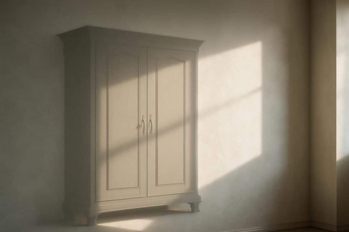 découvrez comment l'ombre crée l'illusion d'une armoire invisible sur un mur froid, mêlant art et perception dans une énigmatique mise en scène visuelle.