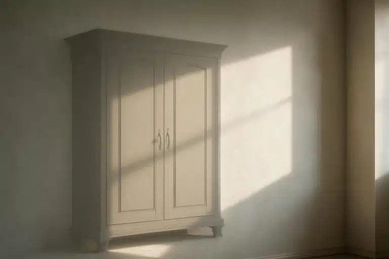 découvrez comment l'ombre crée l'illusion d'une armoire invisible sur un mur froid, mêlant art et perception dans une énigmatique mise en scène visuelle.