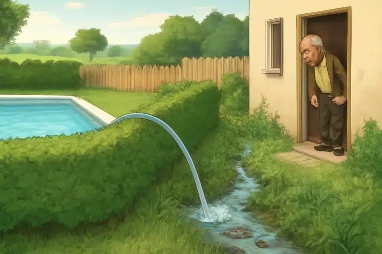 découvrez l'histoire étonnante d'un tuyau de vidange de piscine qui finit dans le fossé du voisin et les conséquences inattendues trois semaines plus tard.