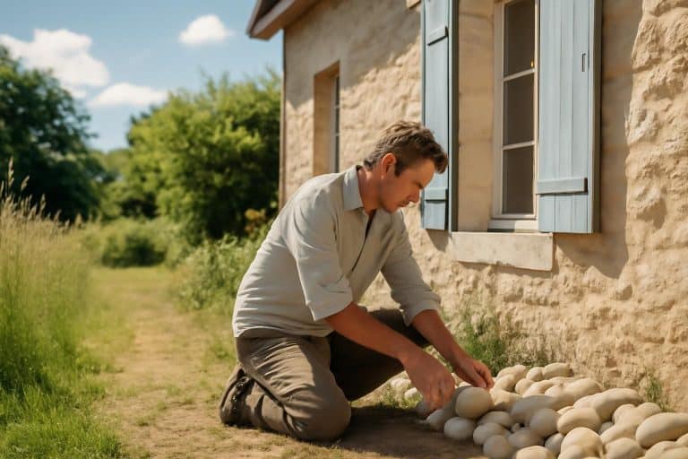 un samedi de juin, il pose des galets clairs au pied de sa façade pour oublier le désherbage. à l’automne pluvieux, une surprise inattendue au pied du mur transforme totalement l'endroit.