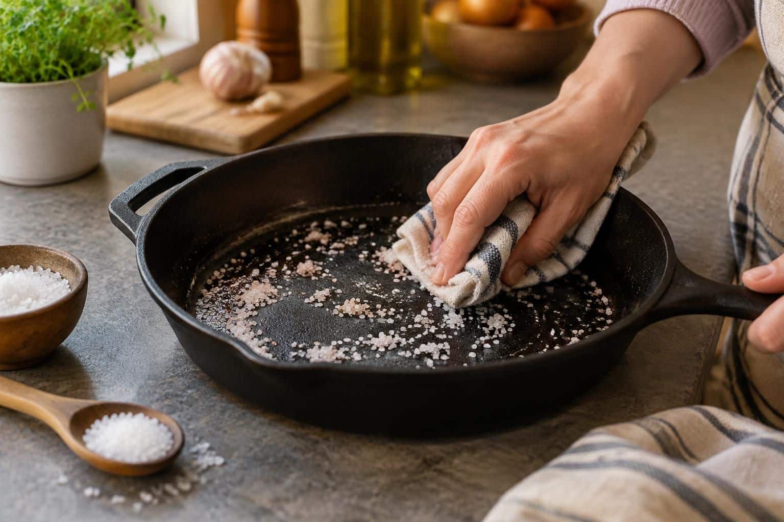 après une viande qui accroche, découvrez pourquoi les anciens nettoyaient leur poêle en fonte au gros sel plutôt que de la laisser tremper.