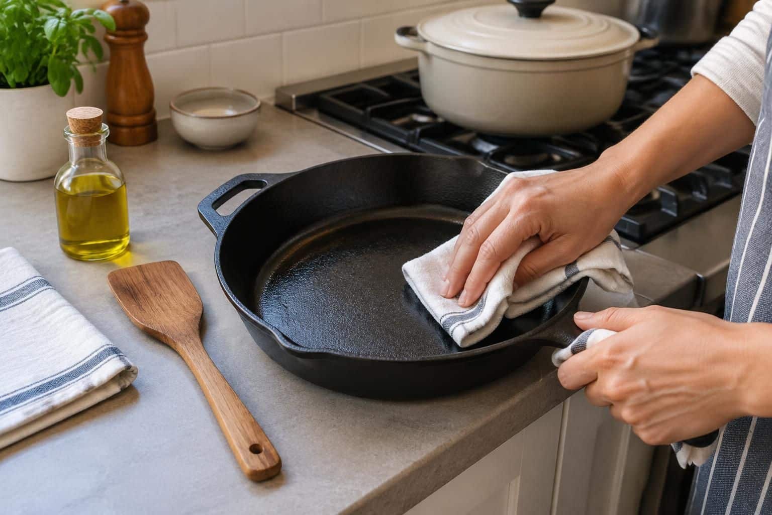 après une viande qui accroche, découvrez pourquoi les anciens nettoyaient leur poêle en fonte au gros sel plutôt que de la laisser tremper.