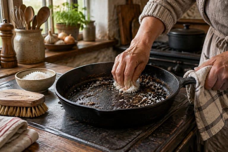 après une viande qui accroche, découvrez comment les anciens nettoyaient leur poêle en fonte au gros sel, sans la laisser tremper.