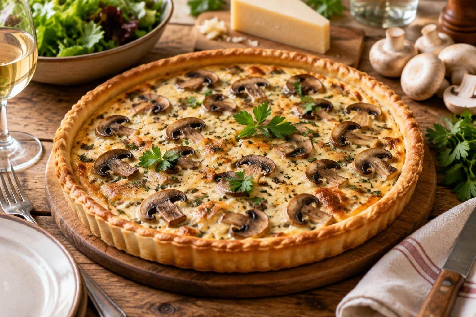 découvrez une tarte au comté généreuse, garnie de 750 g de champignons poêlés à l’ail et relevée par un détail gourmand sur le dessus.