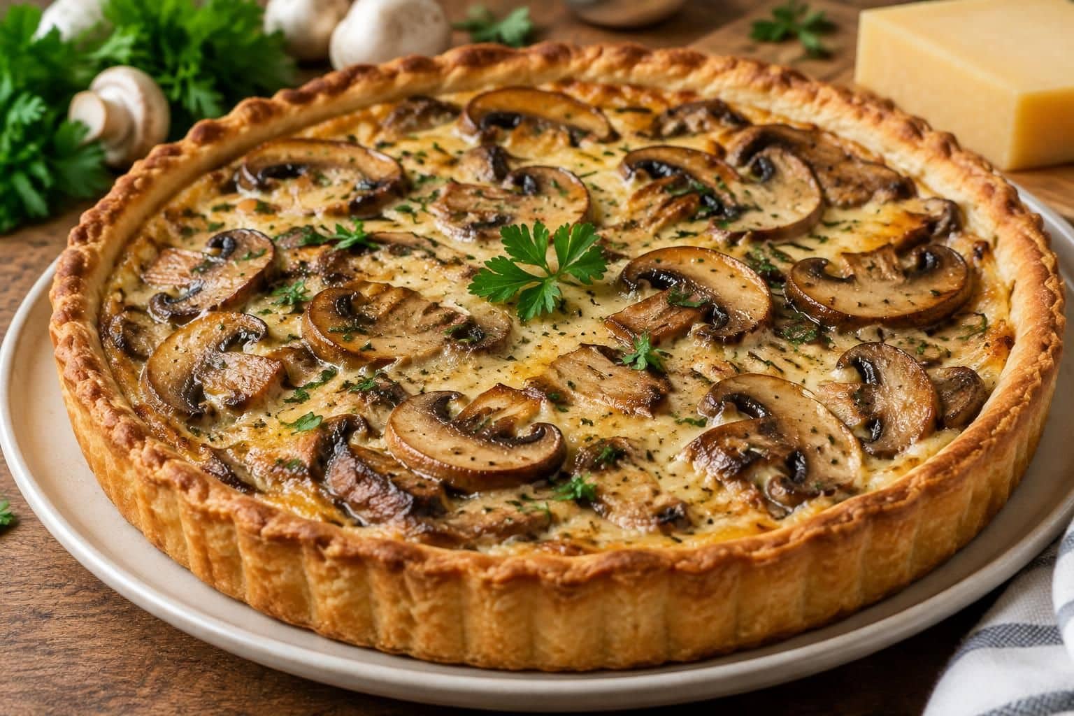 découvrez la tarte au comté garnie de 750 g de champignons poêlés à l’ail et le détail sur le dessus qui fait toute la différence.
