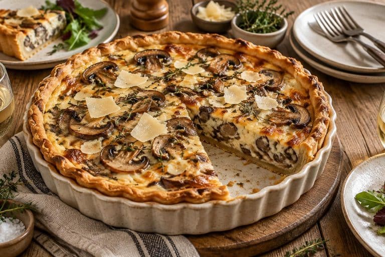 découvrez la tarte au comté garnie de 750 g de champignons poêlés à l’ail, avec une touche sur le dessus qui fait toute la différence.
