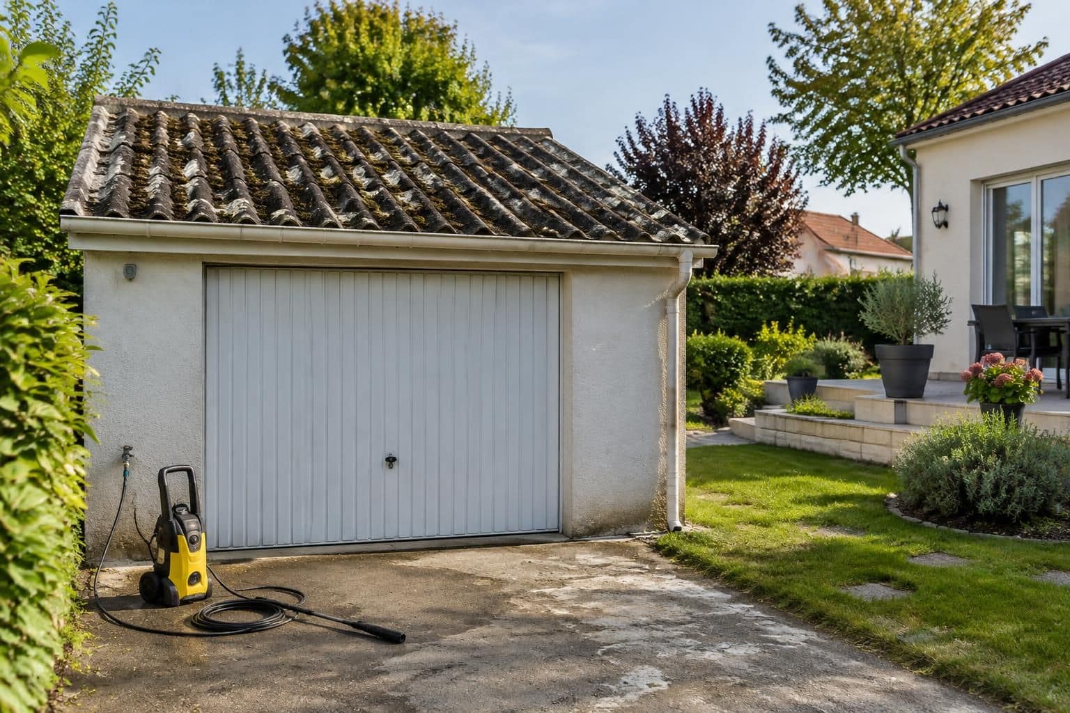 vieilles plaques ondulées du garage : le nettoyeur haute pression peut disperser des fibres dangereuses, notamment si elles contiennent de l’amiante.